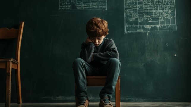 sad depressed child sitting on chair near chalk blackboard in classroom