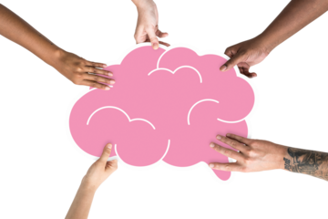 Brainstorming png hands holding brain sticker, transparent background