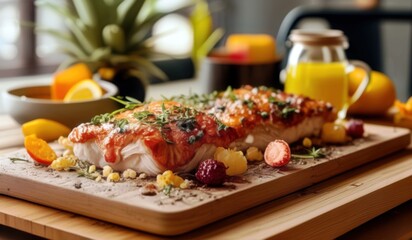 a fish dish on a cutting board with fruit and vegetables
