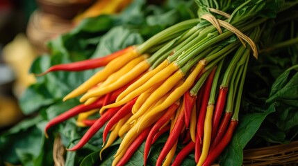 Vibrant bunch of yellow-red kangkung plants, a tender tropical vegetable known for its young leaves, perfect for culinary use. The image captures the fresh and lush beauty of kangkung.