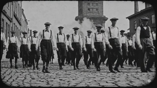 1910's movie with workers march to the tower of job