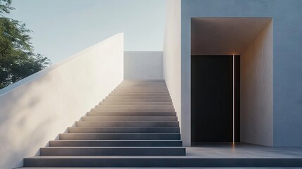 Obraz premium Minimalist staircase design highlighted by a prominent black door, creating a striking focal point in the composition. Perfect for showcasing contemporary architecture with ample copy space.