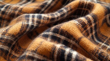 Close-up of a warm plaid fabric texture, highlighting the intricate details of the warm plaid design, perfect for adding a cozy feel to any project. Photo style includes ample copy space.