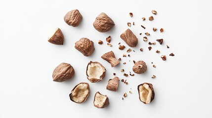 Top-down view of shelled walnut and nutmeg pieces arranged on a white background, ideal for culinary applications and food styling with ample copy space.