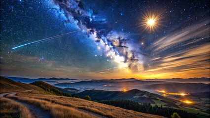 captivating long exposure of meteor streaking across starry sky, showcasing Milky Way and glowing horizon over serene landscapes. scene evokes sense of wonder and tranquility