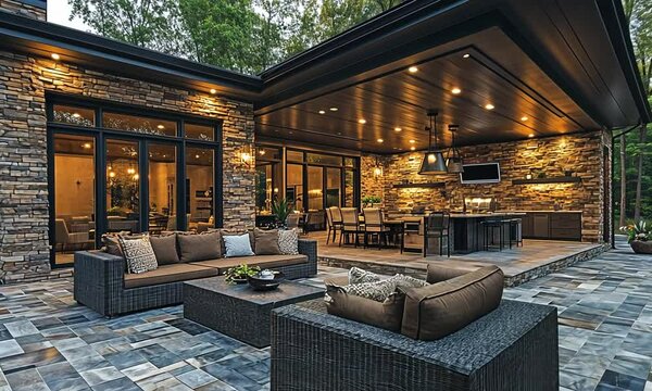Modern outdoor living space with seating and dining area.