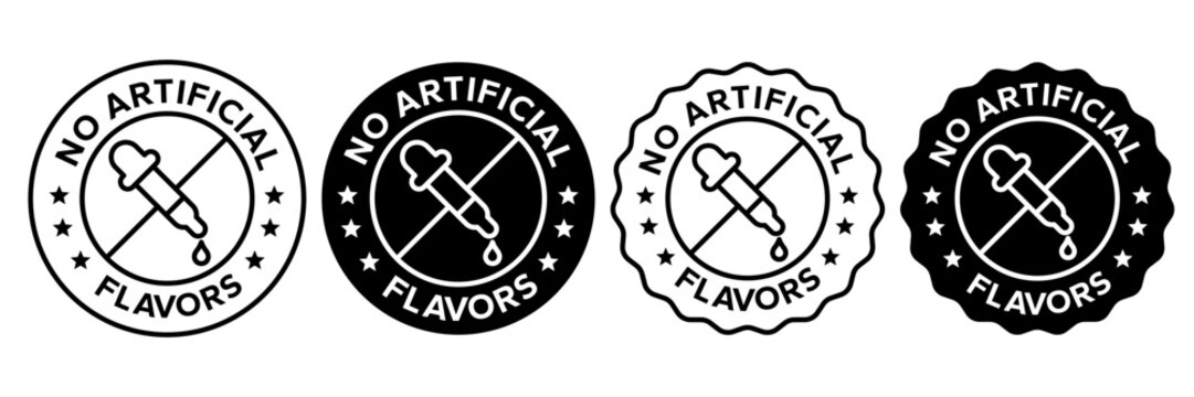 No artificial Flavors, color, preservatives, sweeteners icons set, label, logo, badge, sticker, emblem, stamp, symbol, circle, black, flat vector, isolated illustration.