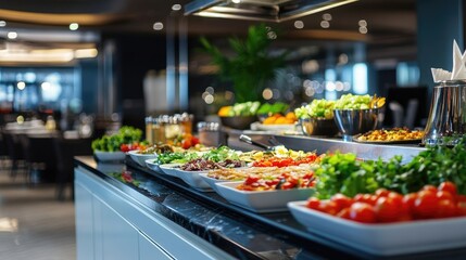 Self-service buffet in a cafeteria offers a diverse variety of food options. This self-service buffet creates a vibrant dining experience, with ample copy space for your design needs.