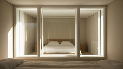Fototapeta premium A minimalist bedroom featuring a large glass window, white walls, and simple decor, creating a serene and airy atmosphere.