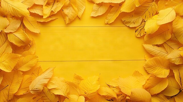 Vibrant yellow autumn leaves create a beautiful frame against a bright wooden background, perfect for highlighting the beauty of autumn leaves in any composition. Ideal for adding a touch of nature.