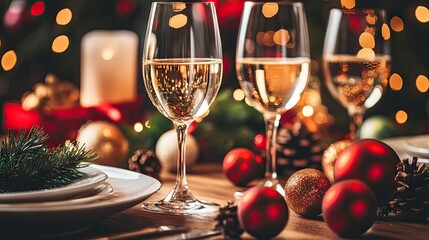 Holiday table setting close-up with empty wine and champagne glasses, complemented by festive Christmas decorations, creating a warm and inviting atmosphere with ample copy space.