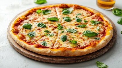 Delicious vegetarian pizza garnished with fresh parsley and basil, ideal for a hearty breakfast. This vibrant vegetarian pizza offers a delightful start to your day with ample copy space.