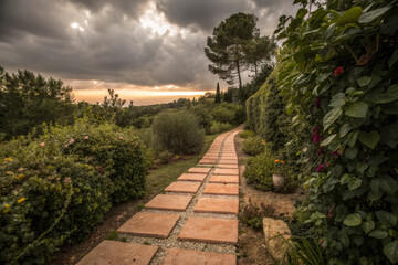 Obraz premium serene garden path lined with lush greenery and subtle terra cotta decor, illuminated by dramatic light at sunset, creating tranquil atmosphere