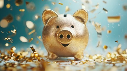 A golden piggy bank surrounded by confetti and coins, symbolizing savings and financial prosperity.