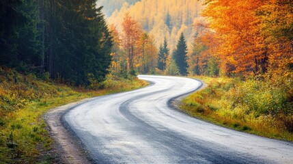 Fototapeta premium Beautiful nature landscape with a winding road through an evergreen wilderness in the autumn season, creating a serene atmosphere perfect for capturing the essence of nature. Copy space included.