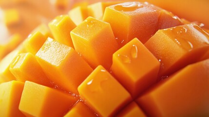 A close-up of a ripe mango, cut into cubes, with the skin gently pulled back, emphasizing its vibrant orange color.