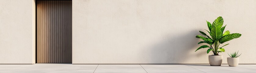 A minimalist interior scene featuring a sleek door beside a potted plant against a light wall, emphasizing simplicity and modern design.