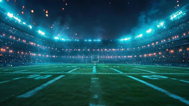 American football stadium at night with green grass, lights and spectators