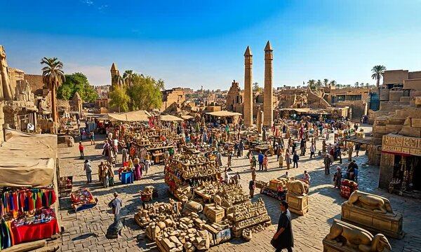 A bustling market scene near ancient ruins, showcasing local culture and commerce.