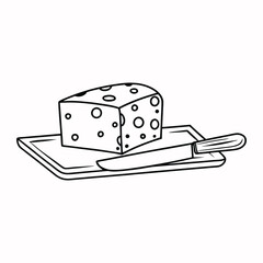Minimalist Cheese Block and Knife Illustration on Cutting Board for Food and Culinary Designs

