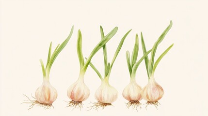 Fresh Garlic Bulbs Sprouting Shoots, Watercolor Painting