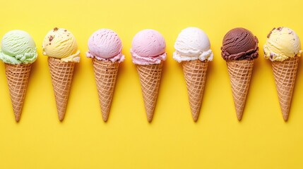 Flat lay arrangement of ice cream cones set against a vibrant yellow background, highlighting the delightful texture and colors of ice cream cones with ample copy space.
