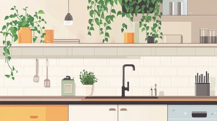 Fototapeta premium Modern Kitchen Interior with Greenery, Plants, and Minimalist Design