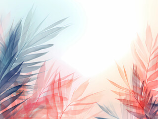 Fototapeta premium White background with tips of blue and pink palm leaves lining the background.