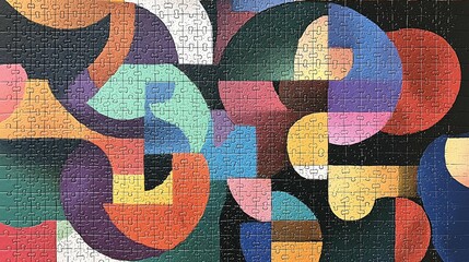 Dynamic geometric puzzles feature interlocking shapes in vivid colors and diverse textures, encouraging exploration of form and design.
