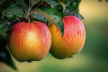 Fresh Red Apples with Dew on Tree Branch in Nature Setting