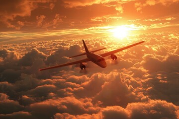 Naklejka premium A stunning aerial view of a plane flying through the clouds at sunset, showcasing vibrant colors and scenic beauty.