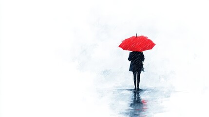 A woman is walking in the rain with a red umbrella