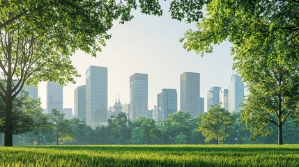 Obraz premium A tranquil urban park scene featuring lush greenery and a striking skyline under a clear blue sky, perfect for city nature lovers.