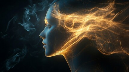 Serene female profile, ethereal energy, smoke, light, spiritual.
