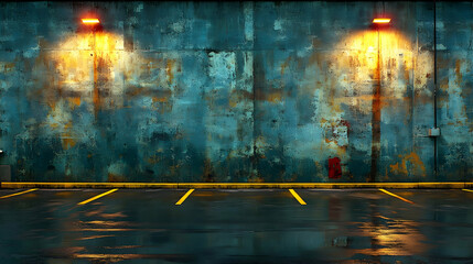 Fototapeta premium Grungy Blue Concrete Wall Background with Street Lights and Yellow Lines