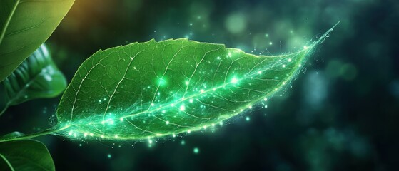 Close-up of a glowing green leaf with shimmering effects.