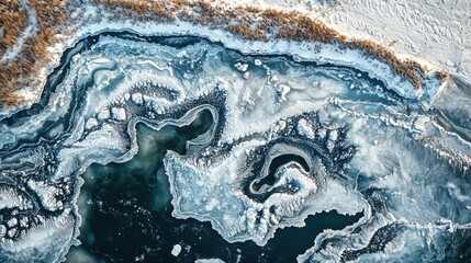 Aerial view of frozen water with intricate patterns and textures, showcasing the beauty of nature in winter landscapes.