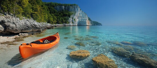 Orange kayak on a beautiful beach with clear turquoise water and cliffs.