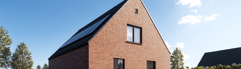 A modern brick house with a sloped roof, large windows, and solar panels, surrounded by greenery under a clear blue sky.