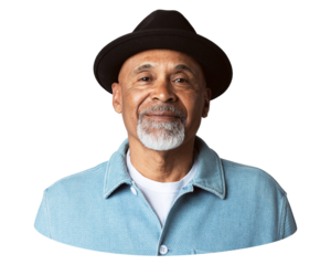 Png happy senior man with black hat sticker, transparent background