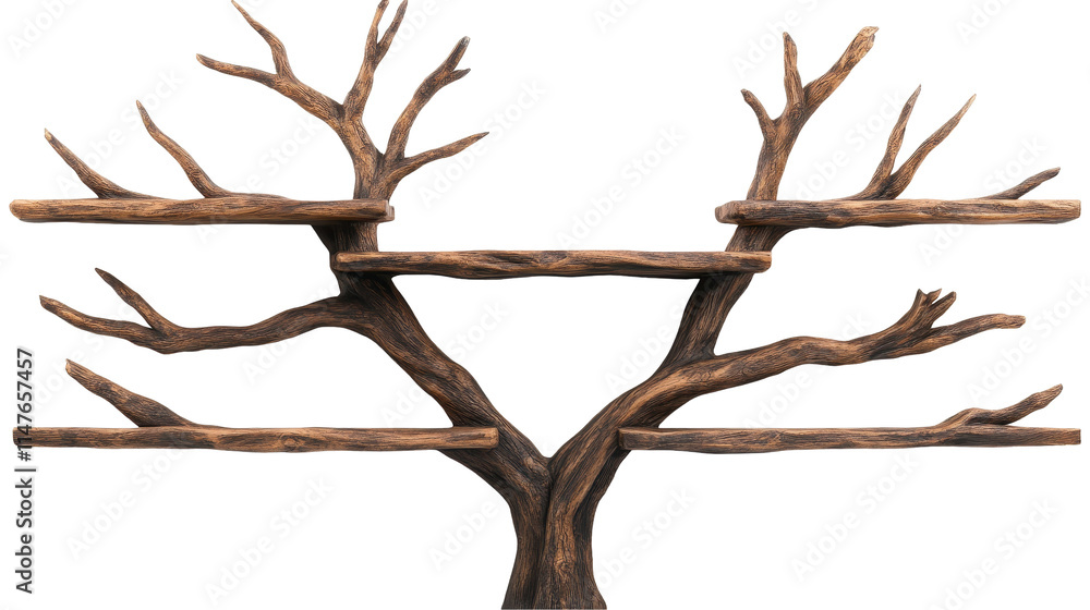 Poster artistic wooden tree with shelf-like branches. transparent background