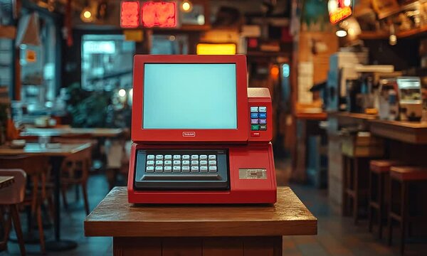 A vintage red cash register in a cozy restaurant setting.