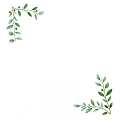 Watercolor botanical illustration featuring hand-painted green leaves and branches. The artwork showcases various leaf shapes and textures with vibrant shades of green on a clean white background.