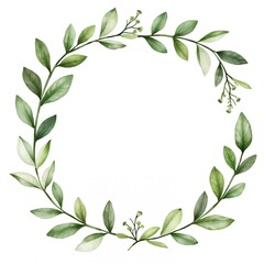 Watercolor botanical illustration featuring hand-painted green leaves and branches. The artwork showcases various leaf shapes and textures with vibrant shades of green on a clean white background.