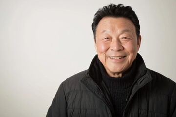 Obraz premium An elderly Asian man with gentle smile stands against solid gray background, embodying inner peace, happiness. His calm expression, relaxed posture capture naturally serene moment.
