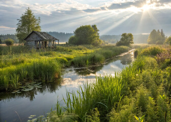 Fototapeta premium Exploring beauty of rural wetlands, serene landscape with rustic cabin, lush greenery, and tranquil stream reflecting sunlight. Nature peaceful charm captivates soul
