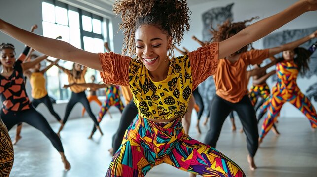 A vibrant International Dance Day celebration in a professional studio features dancers from diverse backgrounds showcasing an array of styles through expressive movements and creative costumes.
