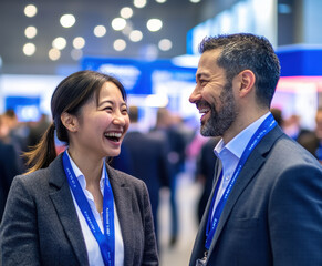 Asian businesswoman engages warmly with colleagues at a networking event, creating a welcoming environment.