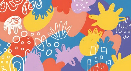 Fun colorful abstract background in doodle style. Simple playful design with hand drawn overlay shapes
