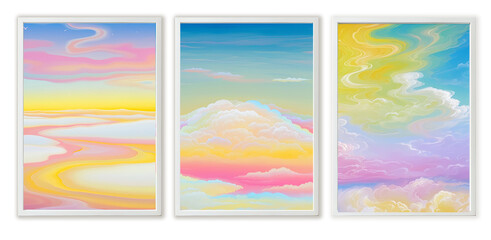 Obraz premium Set of abstracted picture frames or banners with pastel color clouds and sky on white wall and isolated on white background. interior wall mockup, 